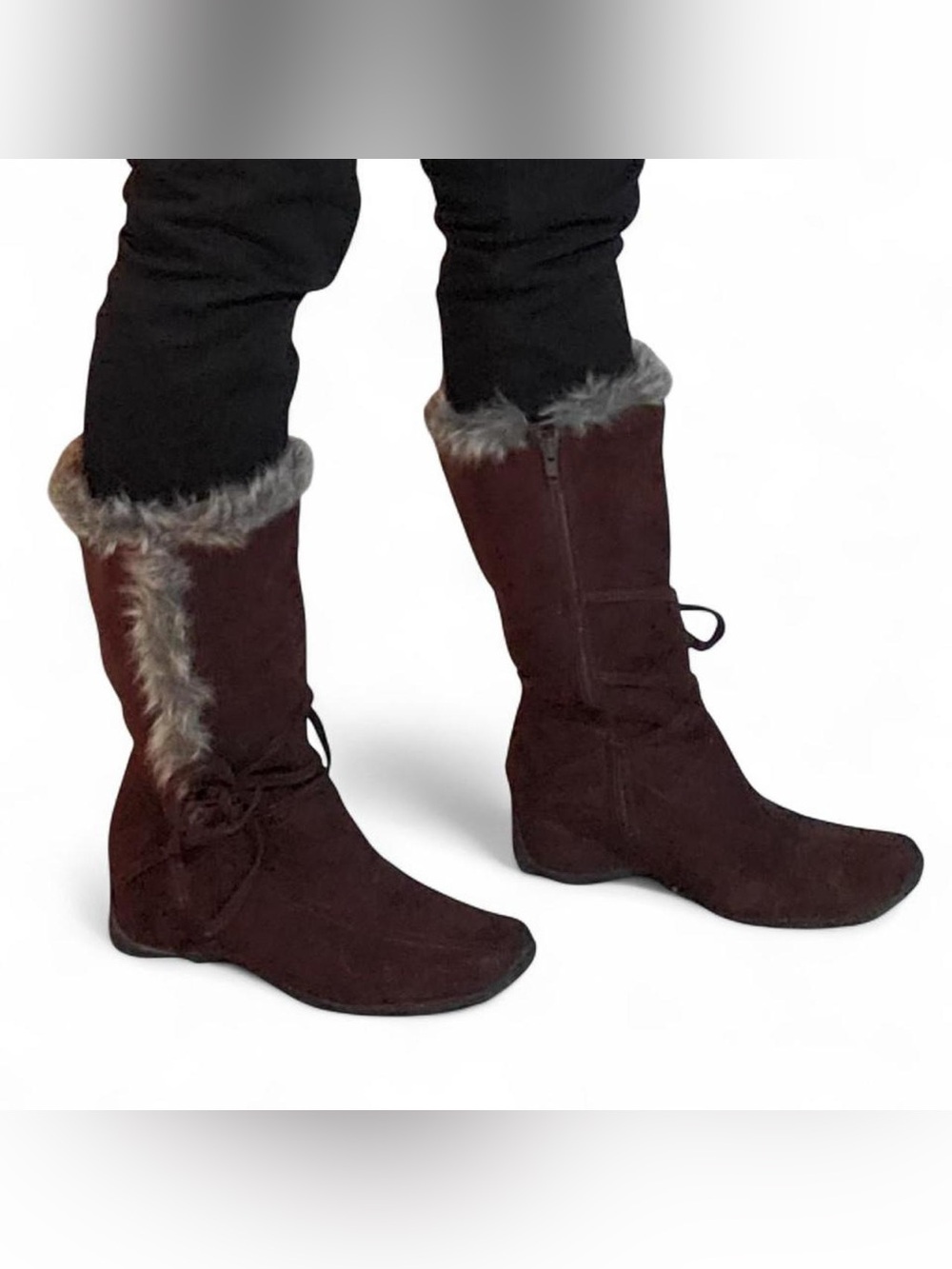 Women’s Faux Fur Trim Suede Mid-Calf Boots - Dark Brown